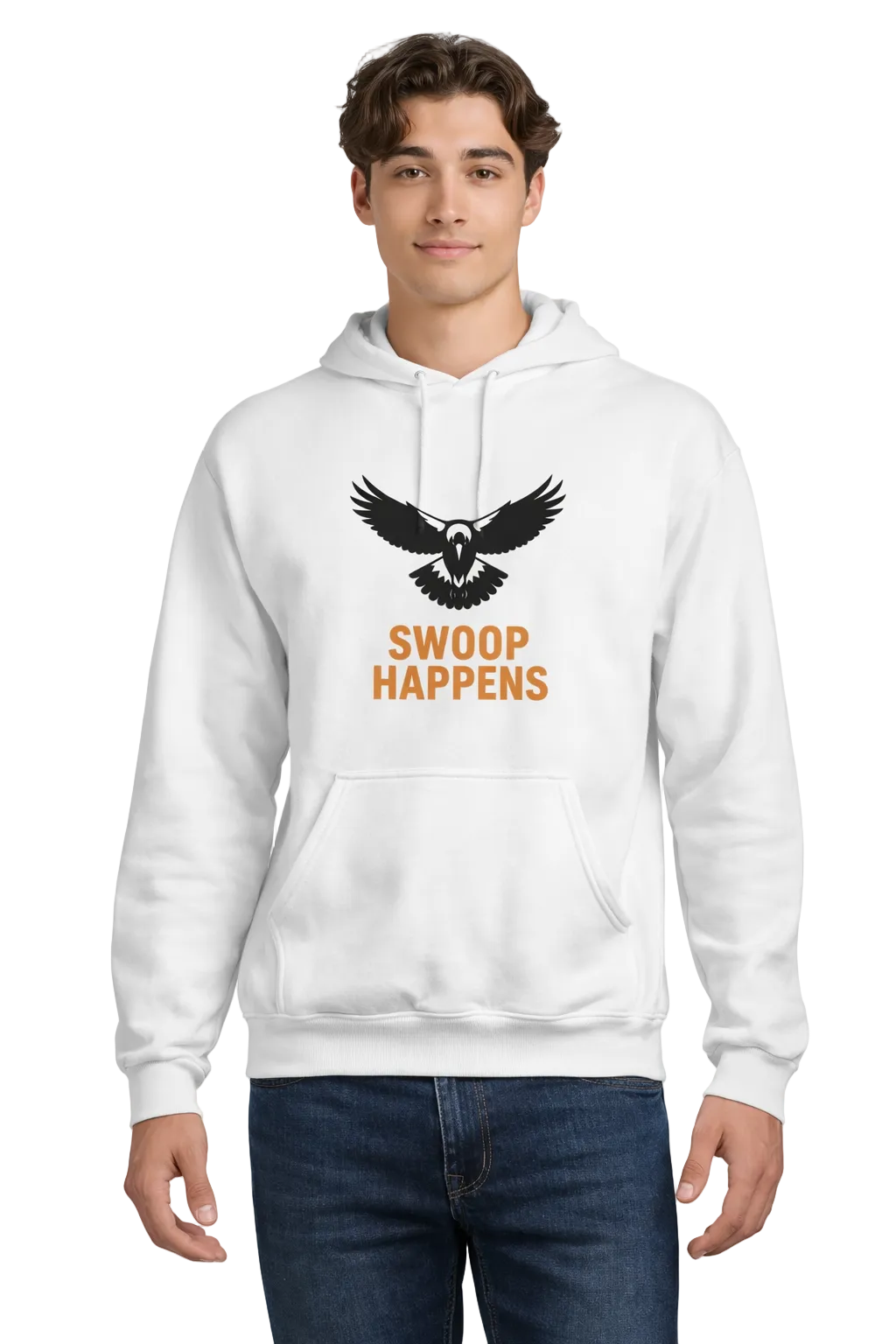 Person wearing a white hoodie with an eagle design and 'Swoop Happens' text on a white background