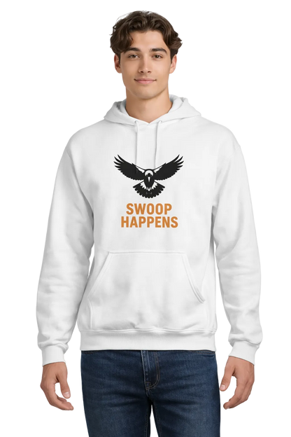 Person wearing a white hoodie with an eagle design and 'Swoop Happens' text on a white background