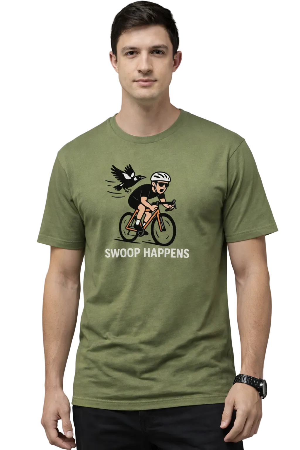 Man wearing a green t-shirt with a graphic design of a magpie swooping a cyclist and text "SWOOP HAPPENS"