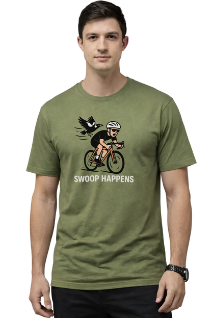 Man wearing a green t-shirt with a graphic design of a magpie swooping a cyclist and text "SWOOP HAPPENS"