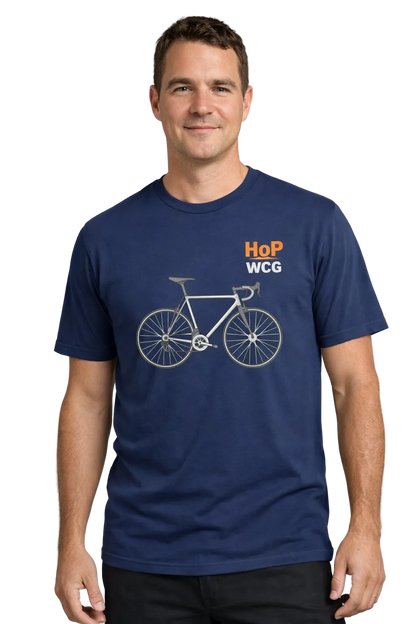 Man wearing a navy blue t-shirt with a bicycle graphic and text on a gray background