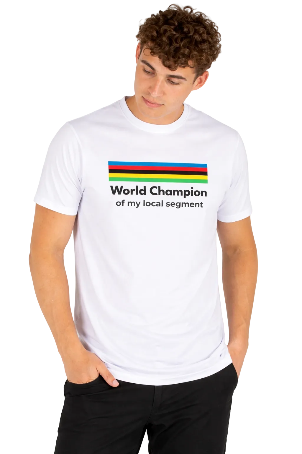 Person wearing a white t-shirt with colorful stripes and text on a plain background