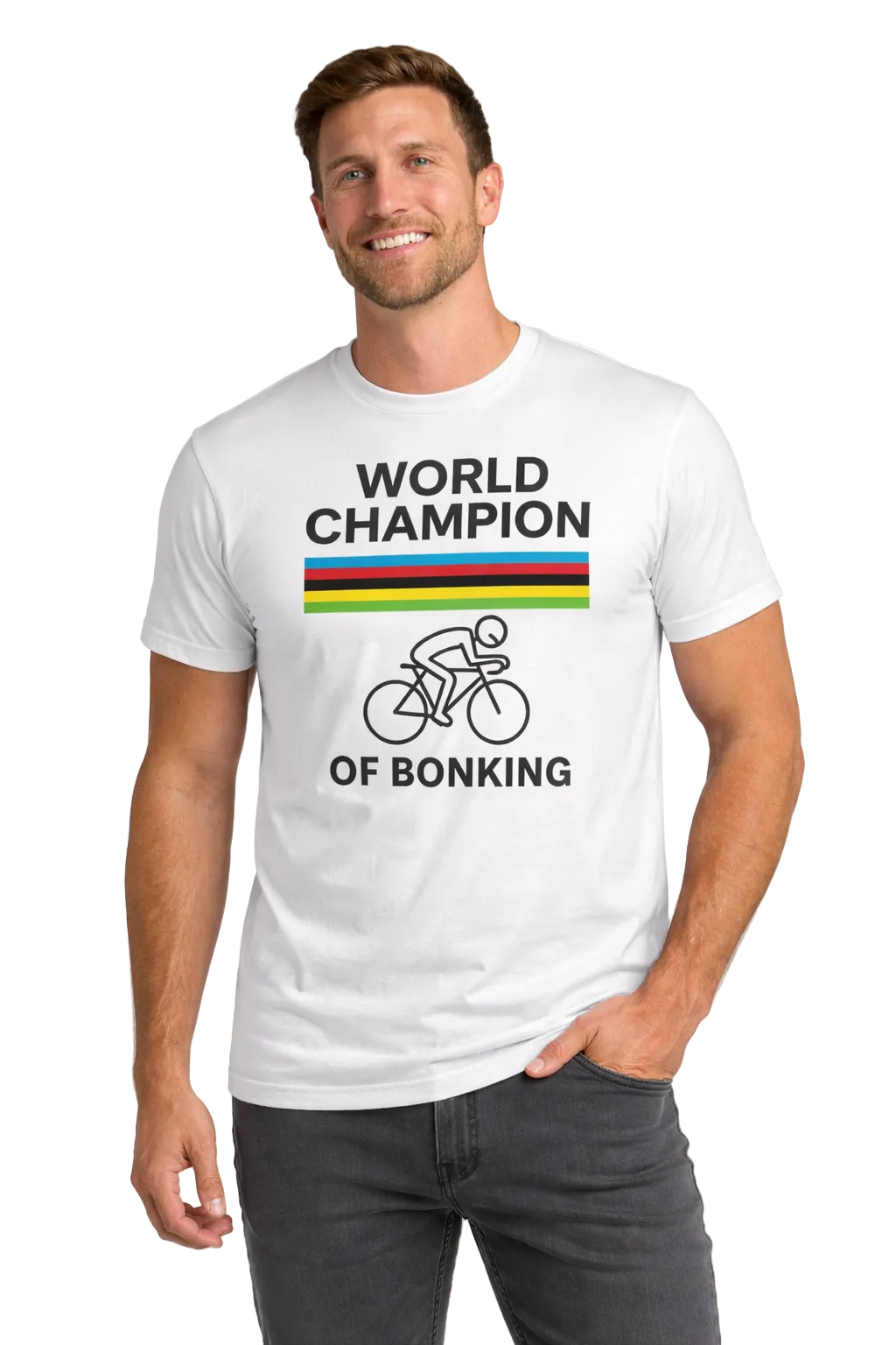 Man wearing a white t-shirt with 'World Champion of Bonking' text and graphic on a plain background