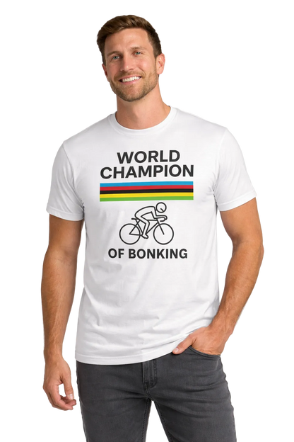 Man wearing a white t-shirt with 'World Champion of Bonking' text and graphic on a plain background