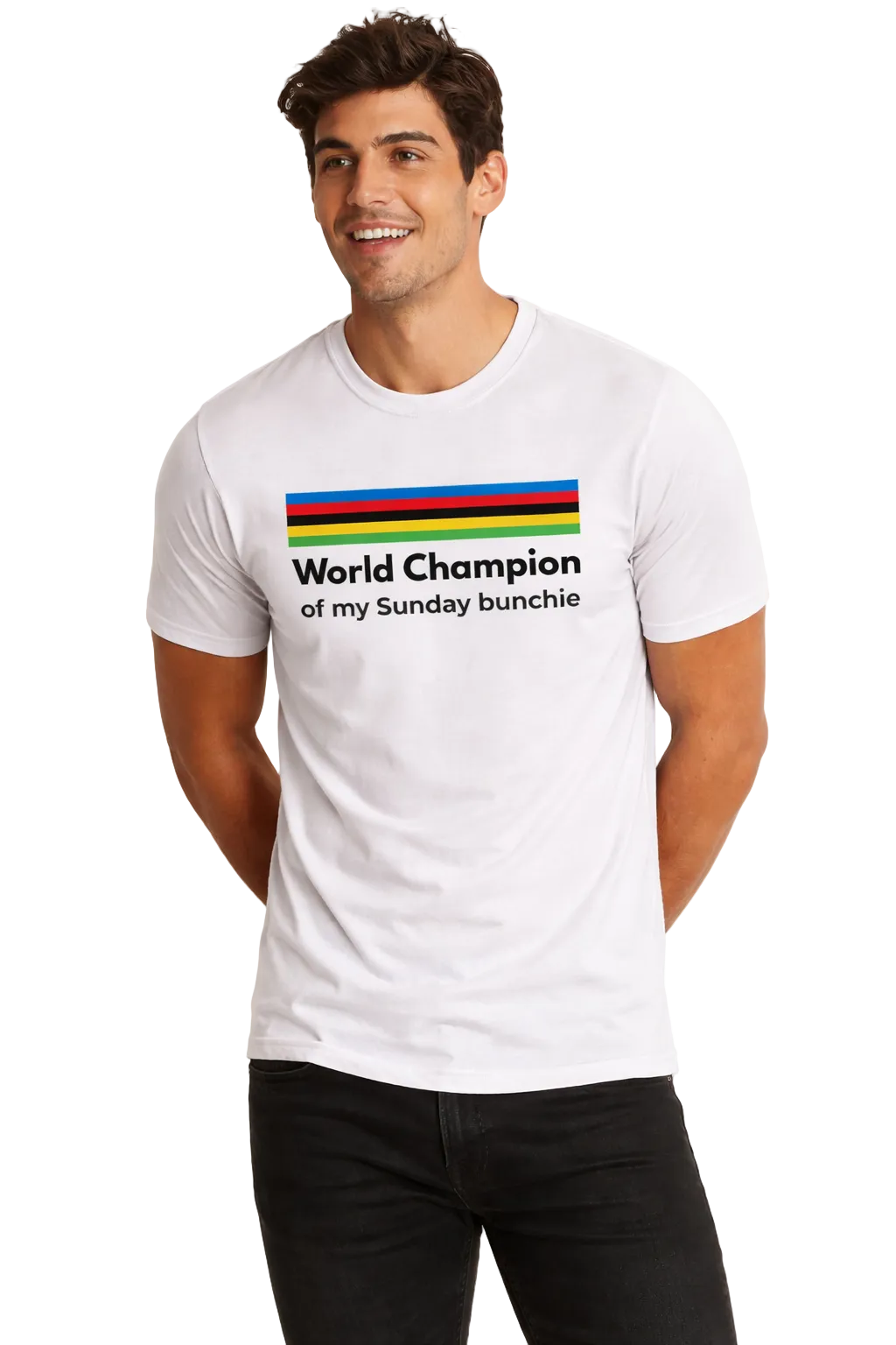Man wearing a white t-shirt with colorful text design on a plain background