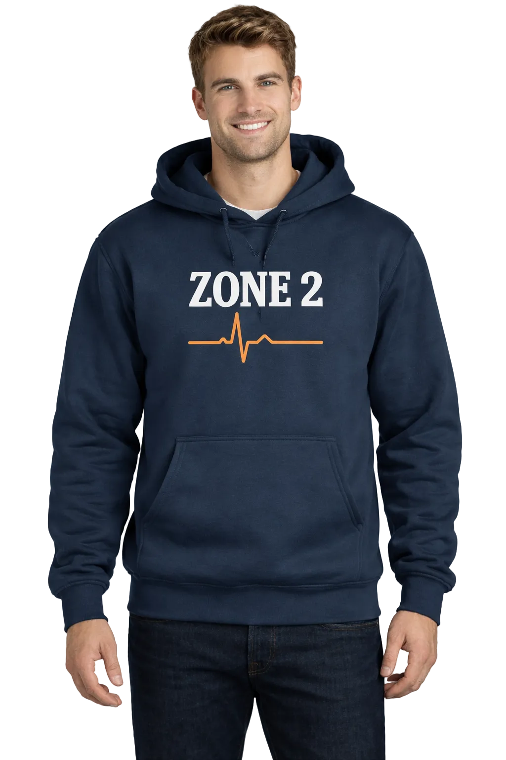 Man wearing a navy hoodie with 'ZONE 2' text and heartbeat design on a white background