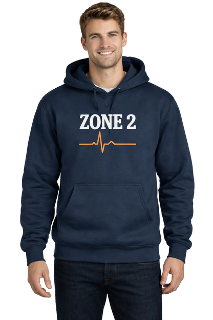 Man wearing a navy hoodie with 'ZONE 2' text and heartbeat design on a white background