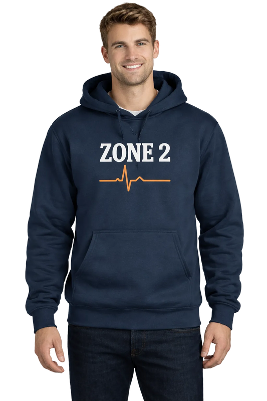 Man wearing a navy hoodie with 'ZONE 2' text and heartbeat design on a white background