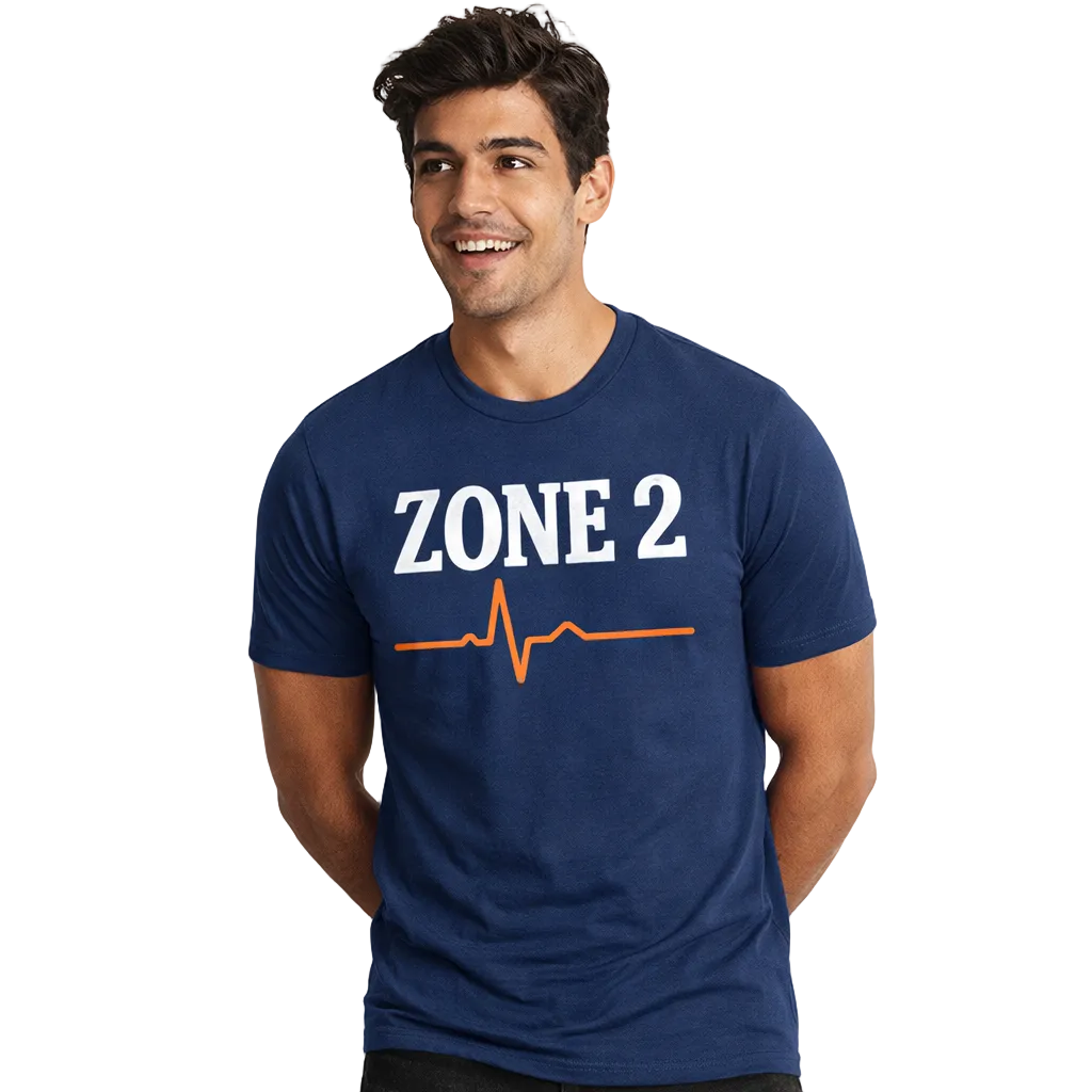 Man wearing a navy blue t-shirt with 'ZONE 2' printed on it against a white background