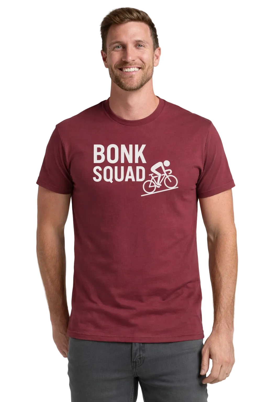 Man wearing a maroon t-shirt with 'Bonk Squad' text and graphic on a light gray background