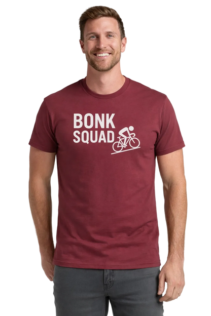 Man wearing a maroon t-shirt with 'Bonk Squad' text and graphic on a light gray background