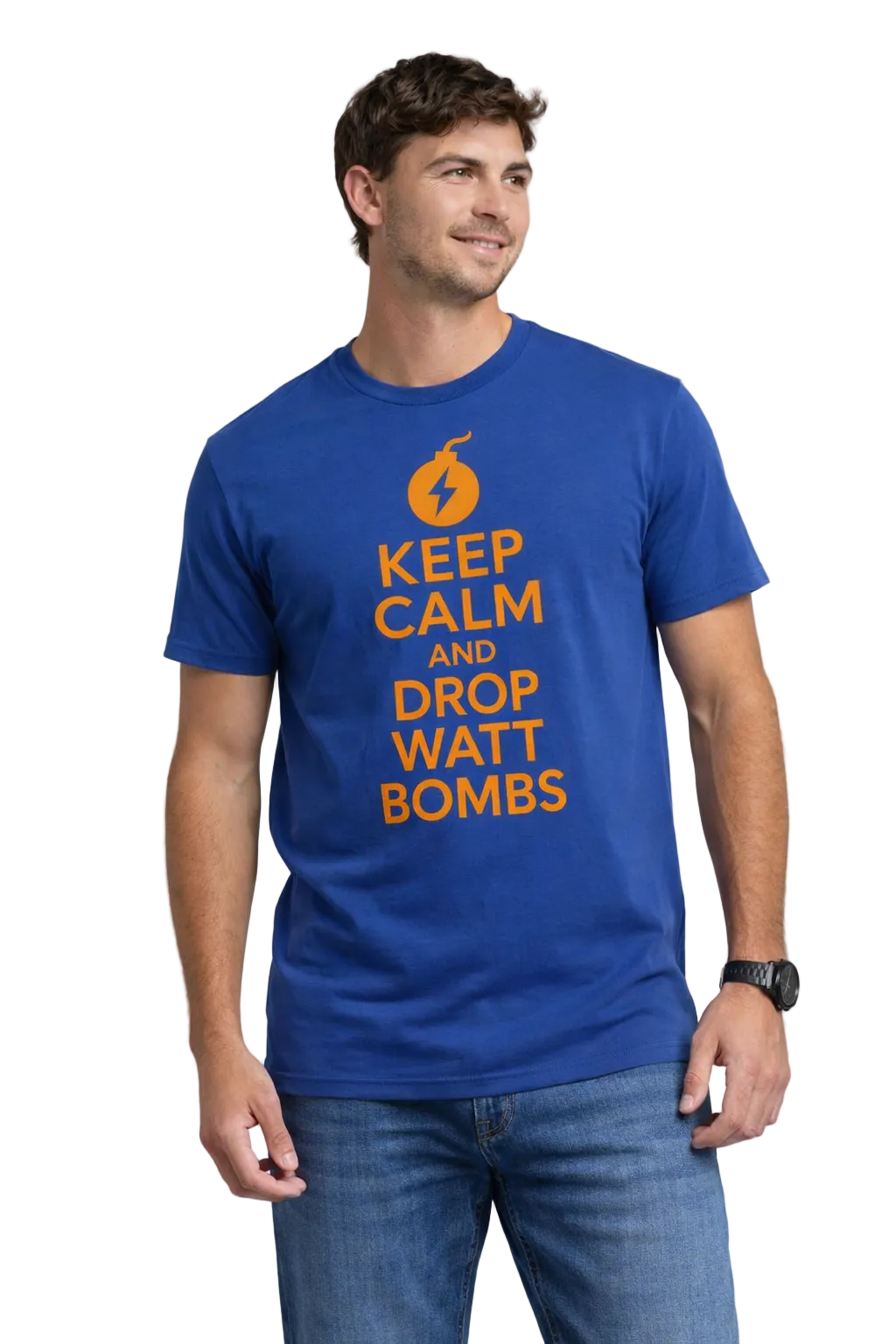 Man wearing a blue t-shirt with orange text reading keep calm and drop watt bombs on a gray background