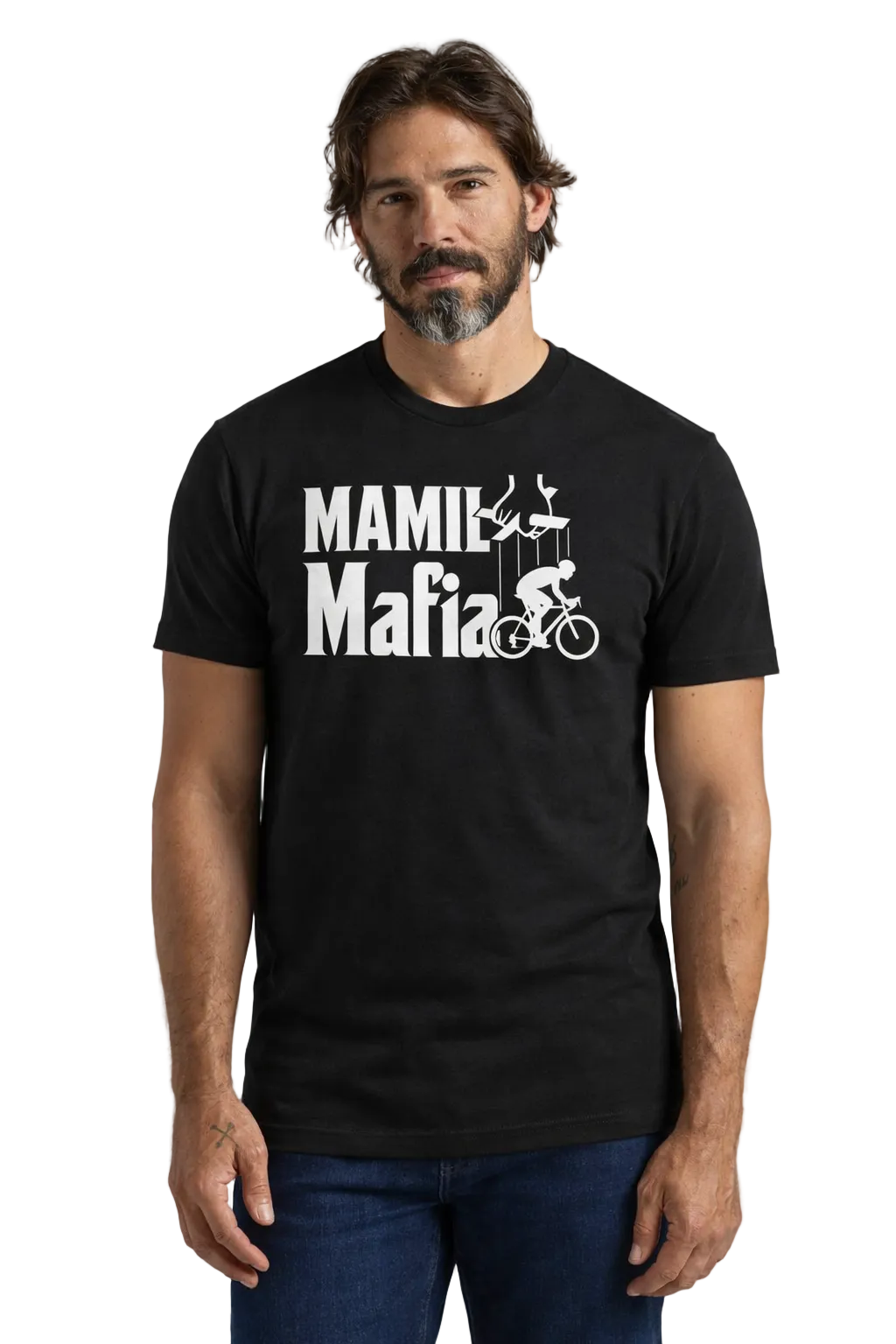 Man wearing a black t-shirt with 'Mamil Mafia' design on a plain background