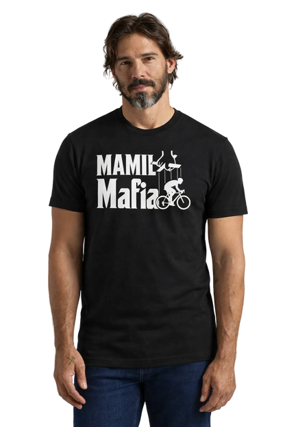 Man wearing a black t-shirt with 'Mamil Mafia' design on a plain background