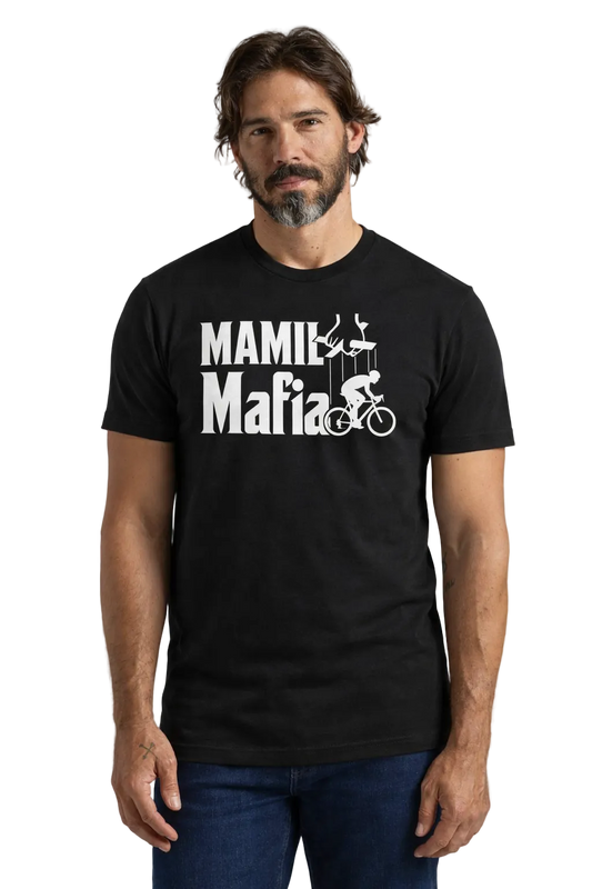 Man wearing a black t-shirt with 'Mamil Mafia' design on a plain background