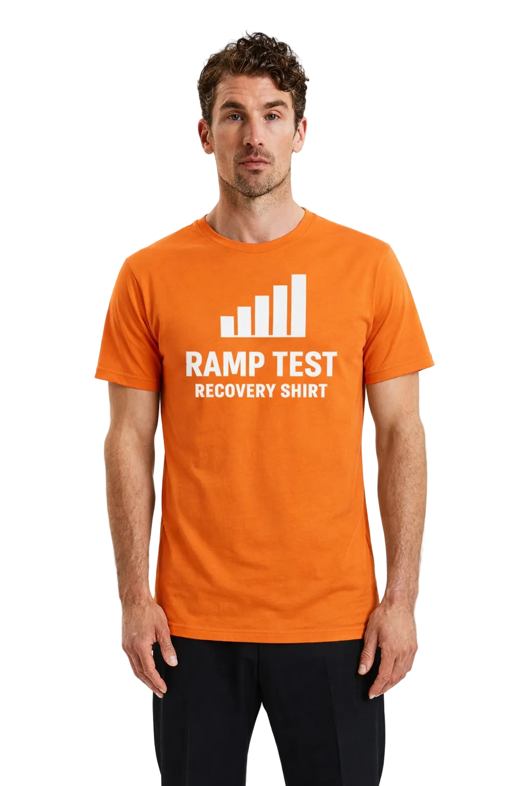 Man wearing an orange t-shirt with 'RAMP TEST RECOVERY SHIRT' text and graphic on a white background