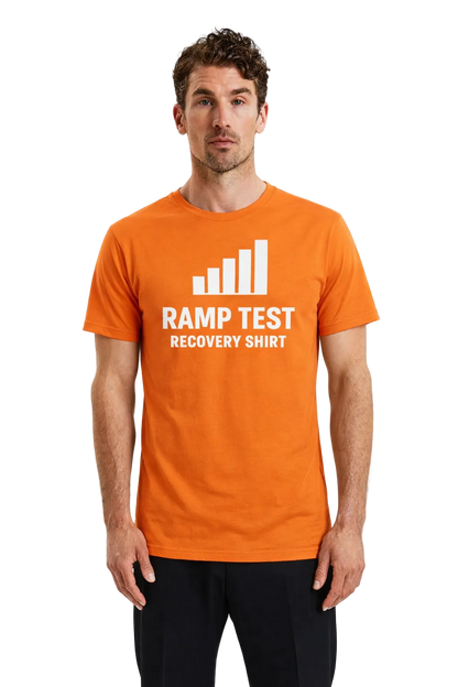 Man wearing an orange t-shirt with 'RAMP TEST RECOVERY SHIRT' text and graphic on a white background