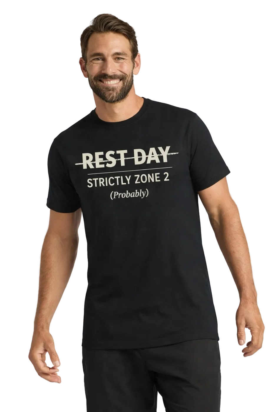 Man wearing a black t-shirt with text "Rest Day" on a white background