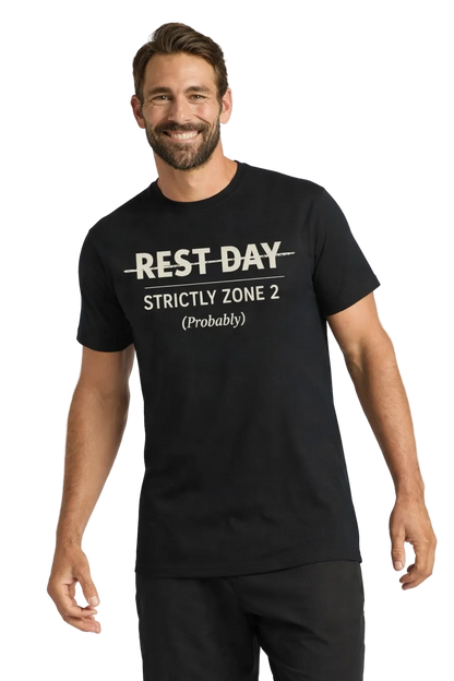 Man wearing a black t-shirt with text "Rest Day" on a white background