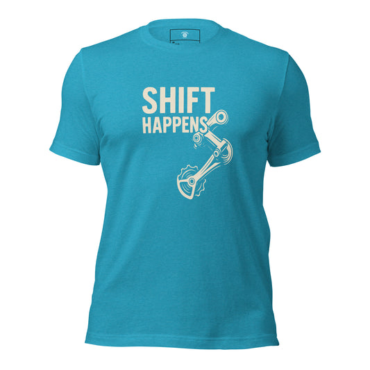 Shift Happens cycling t-shirt – funny bike shifting humour tee
