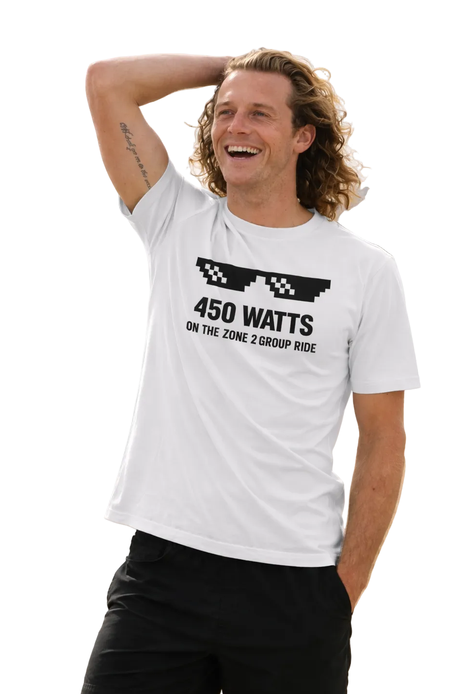 Man wearing a white t-shirt with text "450 watts on the zone 2 group ride"