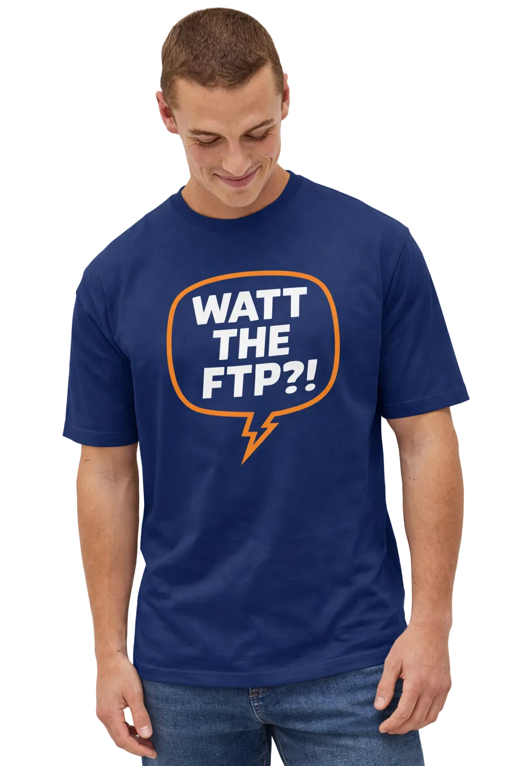 Man wearing a blue t-shirt with a humorous graphic and text on a plain background