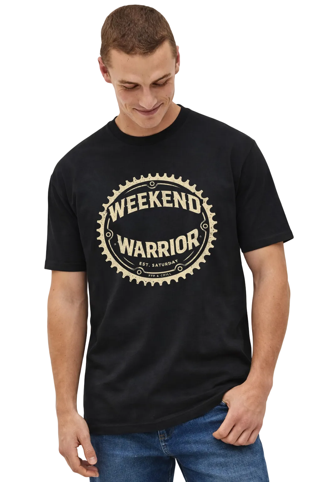 Man wearing a black t-shirt with 'Weekend Warrior' print on a plain background
